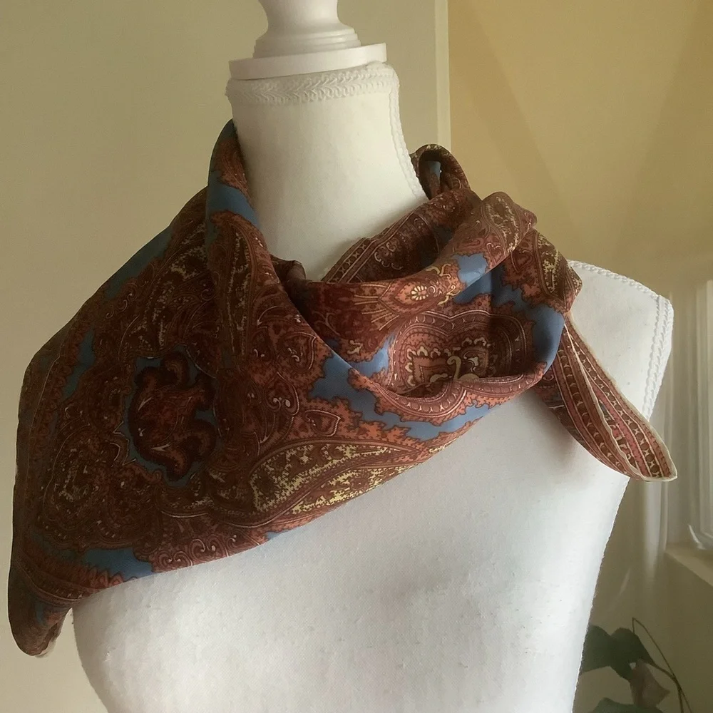 Blue/Bronze Paisley 27” Acetate Scarf Made in Japan